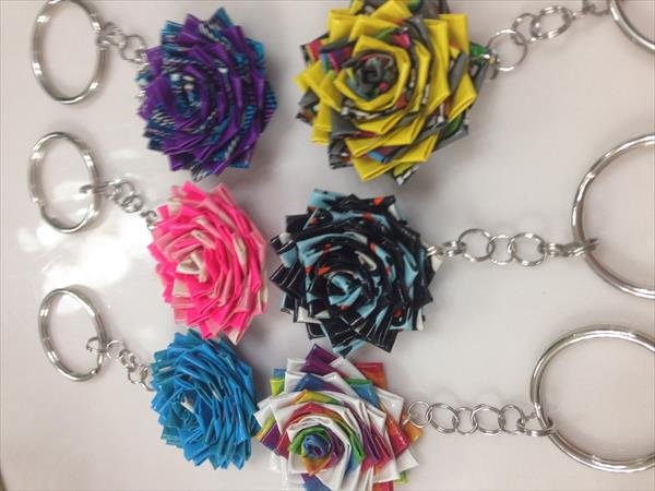 home produced duct tape flower keychain